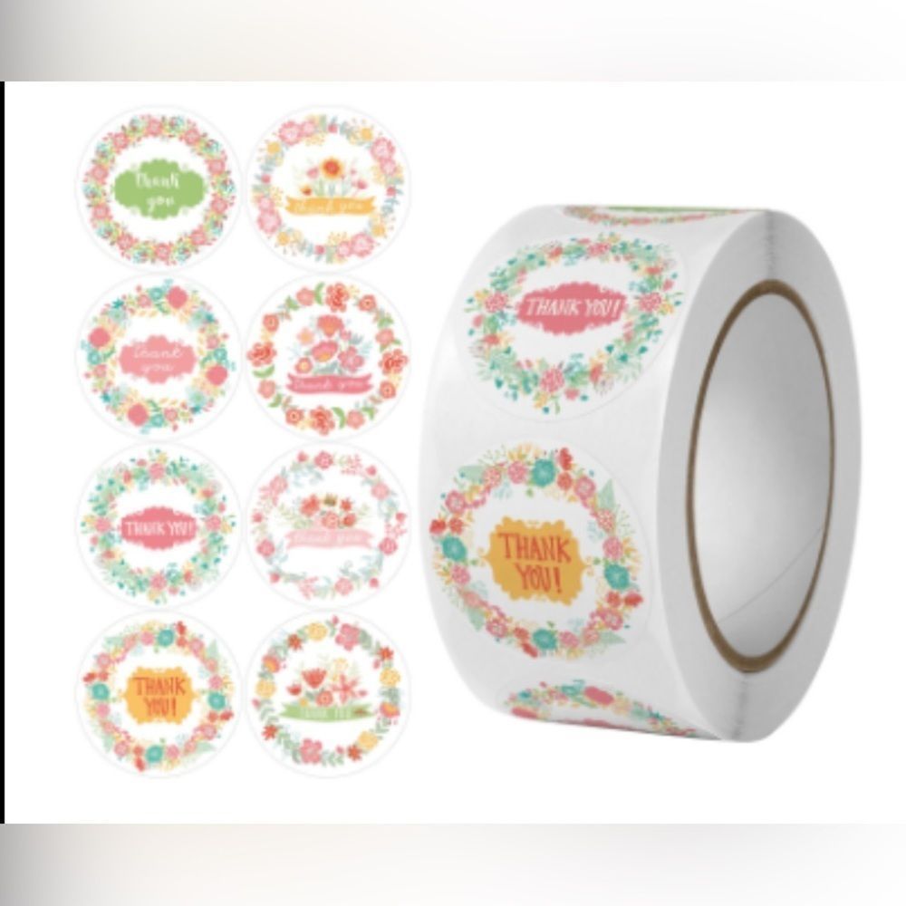 Thank You Stickers, 1" Round Frames Thank You Stickers Roll 8Floral - Picture 4 of 4